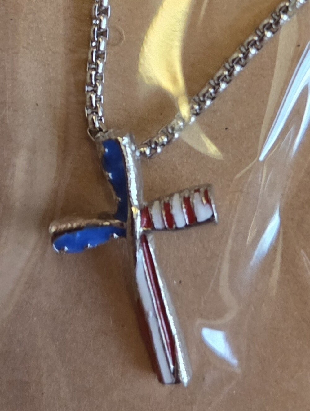 Unisex Silver Cross Pendant Necklace with Red, White & Blue Enamel